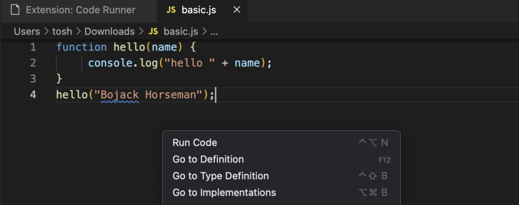 run JS code with code runner