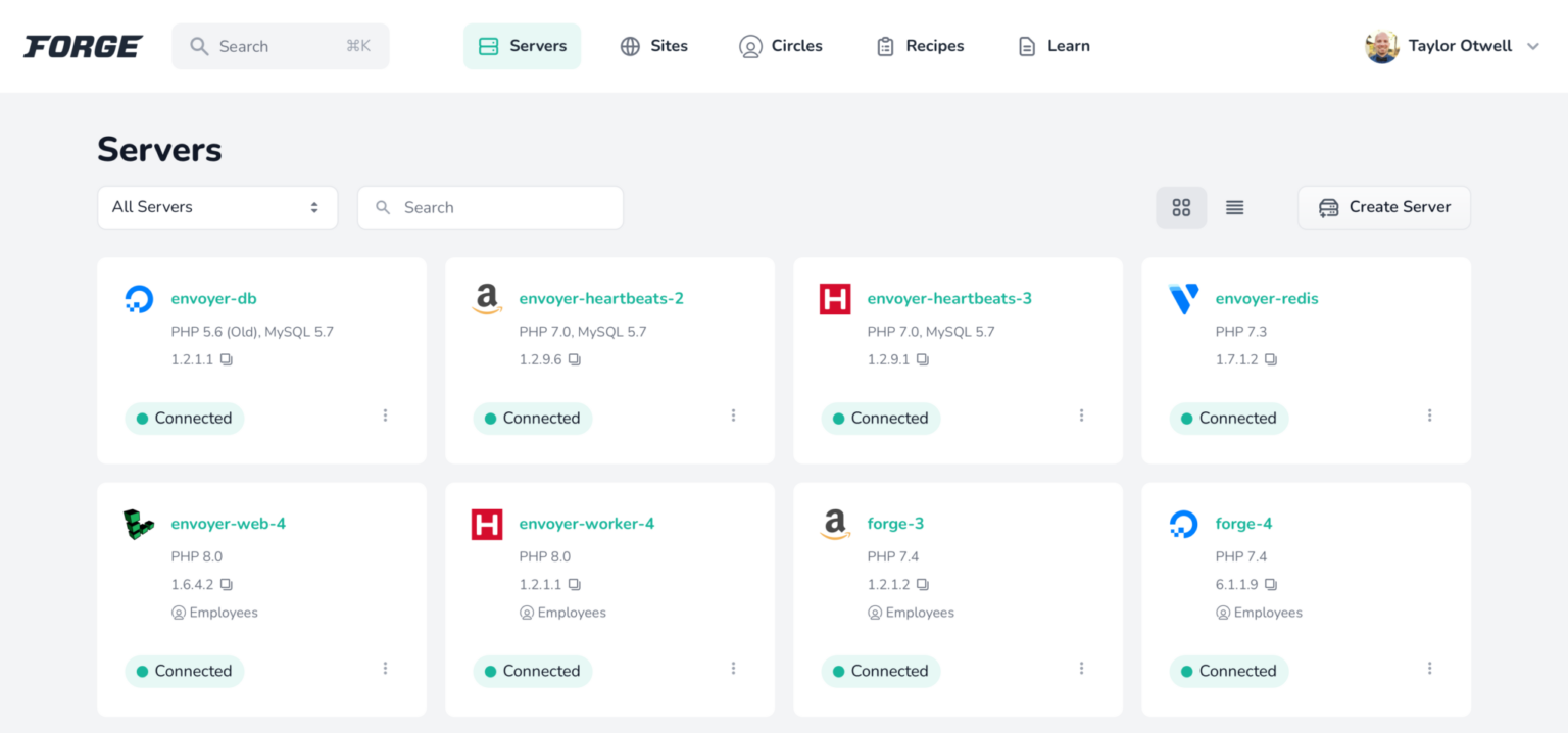 laravel forge servers dashboard