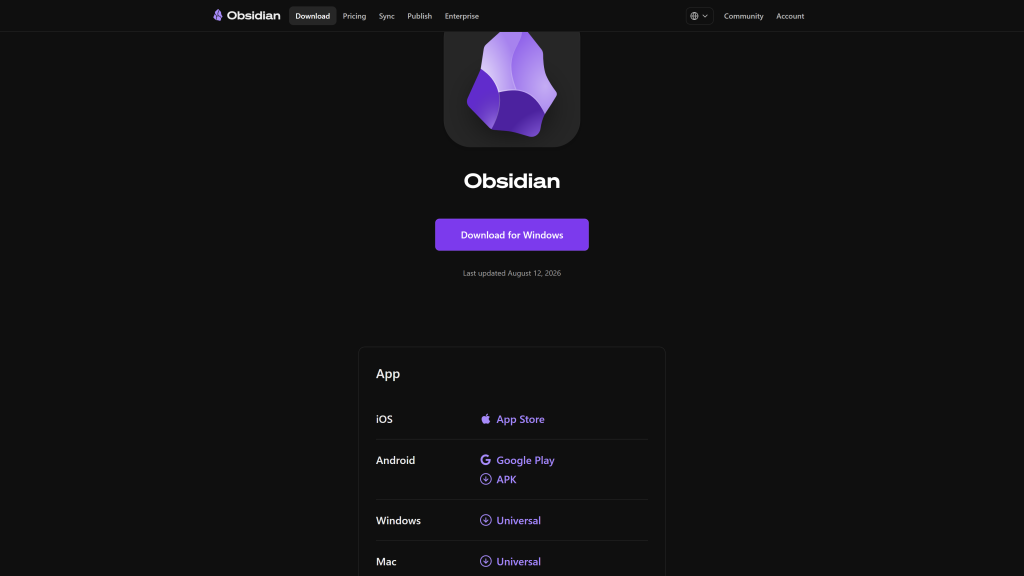 screenshot image of obsidian homepage