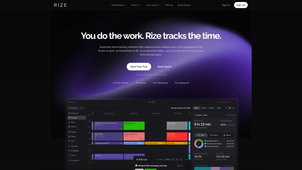 screenshot image of rize homepage Mac time tracking app
