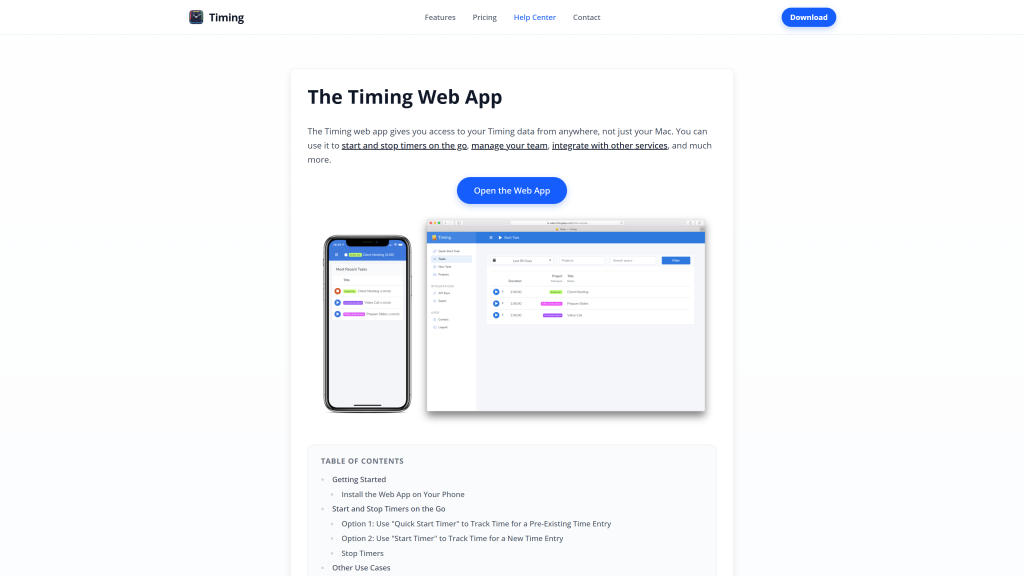 screenshot image of timing app homepage