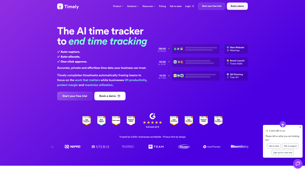 screenshot image of timely Mac time tracking app homepage