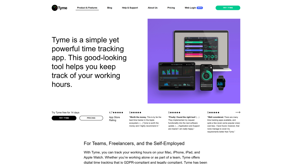 screenshot image of tyme homepage Mac time tracking app