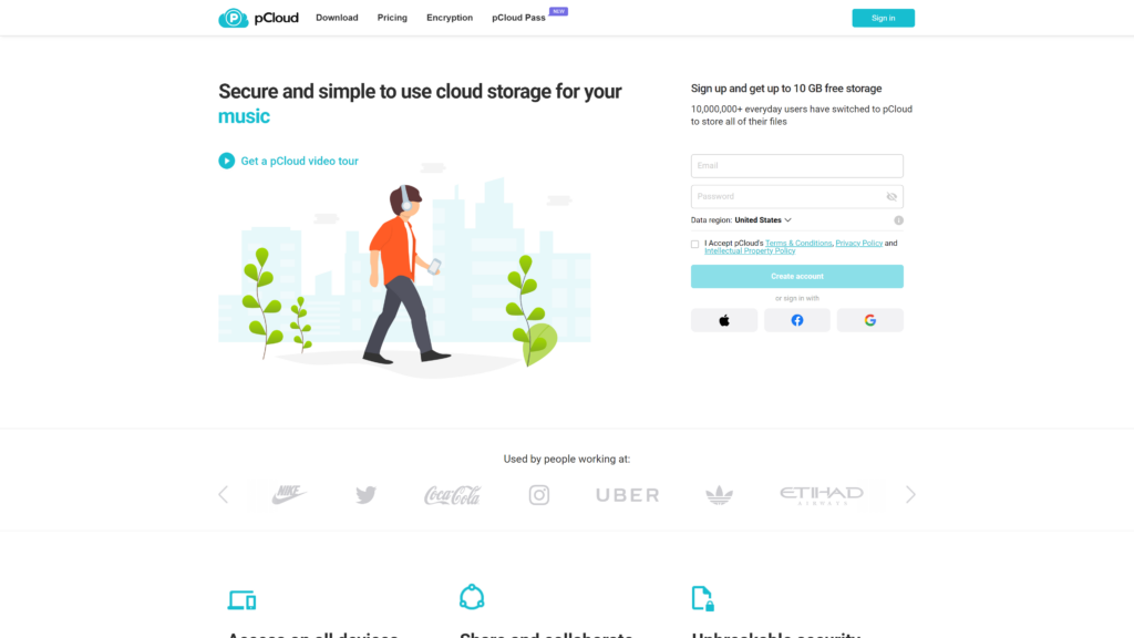 screenshot of the pcloud homepage