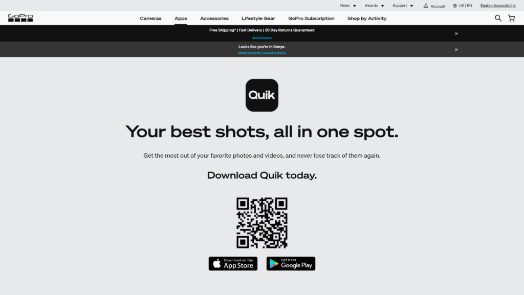 screenshot of the GoPro Quik homepage