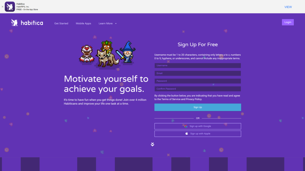 screenshot of the habitica homepage