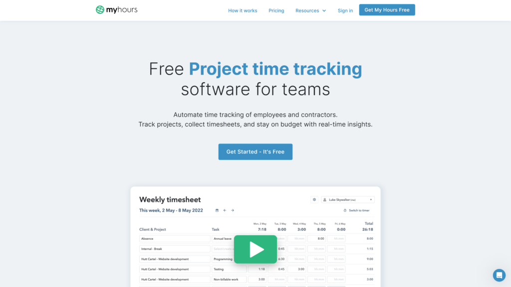 screenshot of the My hours Best Free Time Tracking app homepage