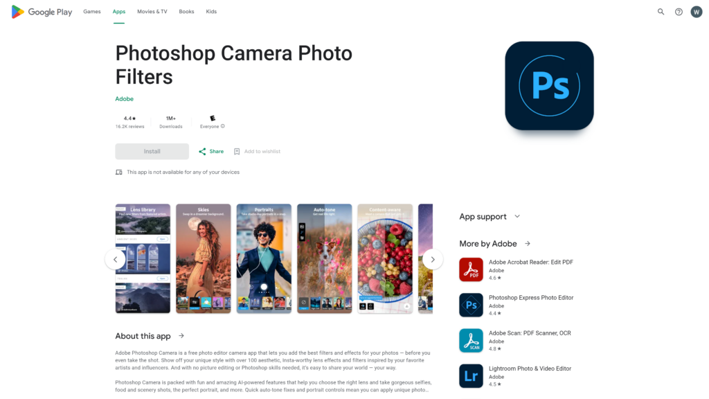 screenshot of the Adobe Photoshop Camera homepage