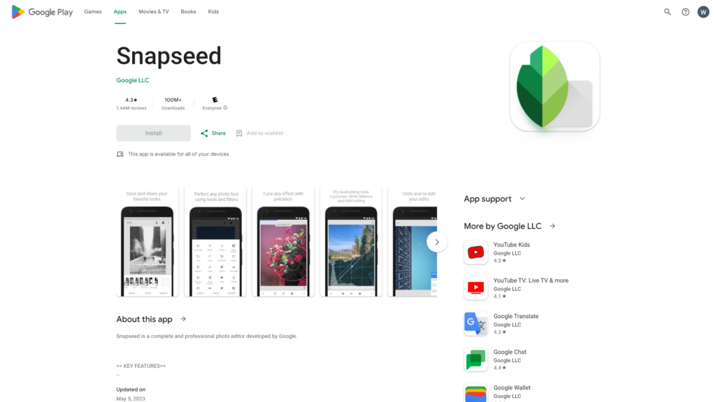 screenshot of the Snapseed Apps for Editing Photos homepage