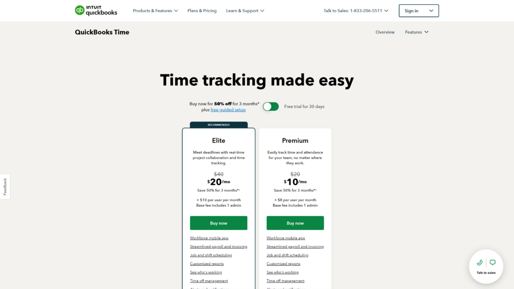 screenshot of the quickbooks intuit tome tracking pricing homepage