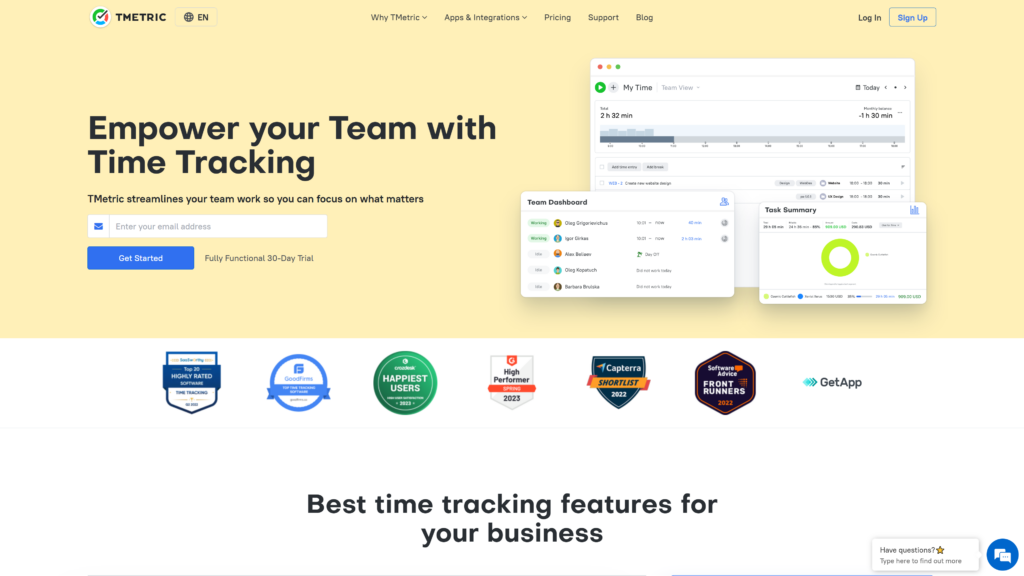 screenshot of the Tmetric Best Free Time Tracking app homepage