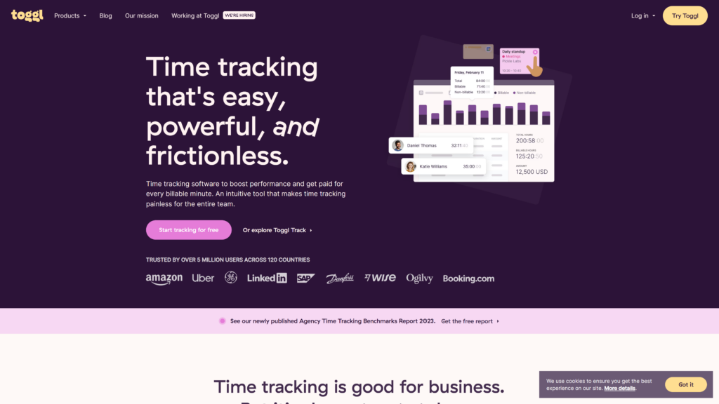 screenshot of the toggl best time tracking apps for freelancers homepage