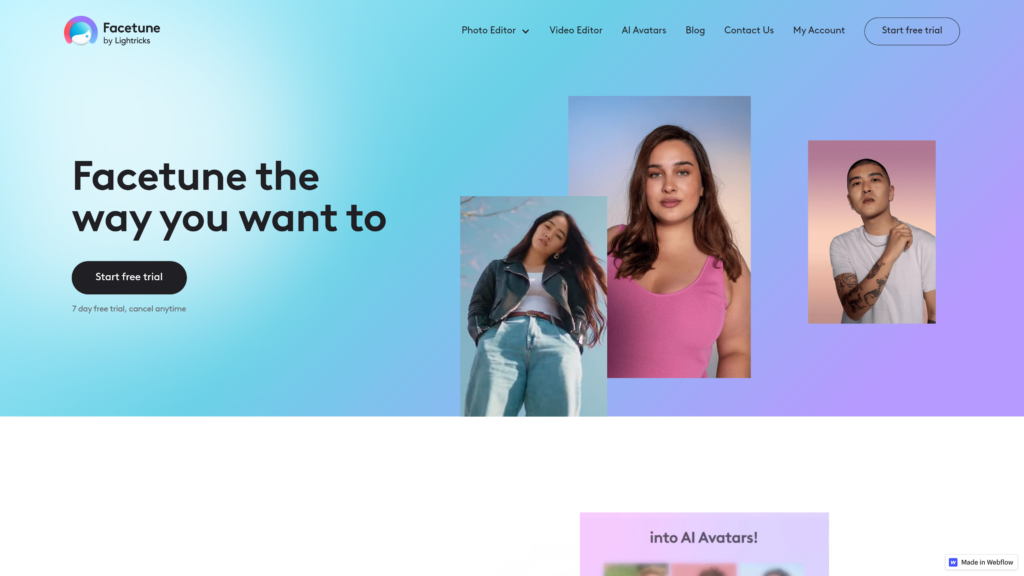 screenshot of the FaceTune homepage