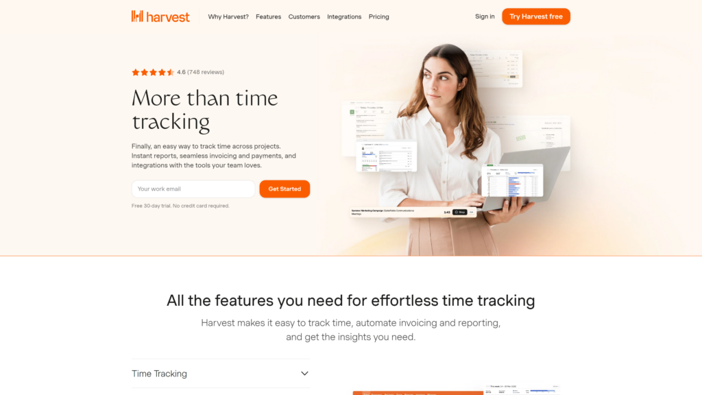 screenshot of the getharvest best time tracking apps for freelancers homepage