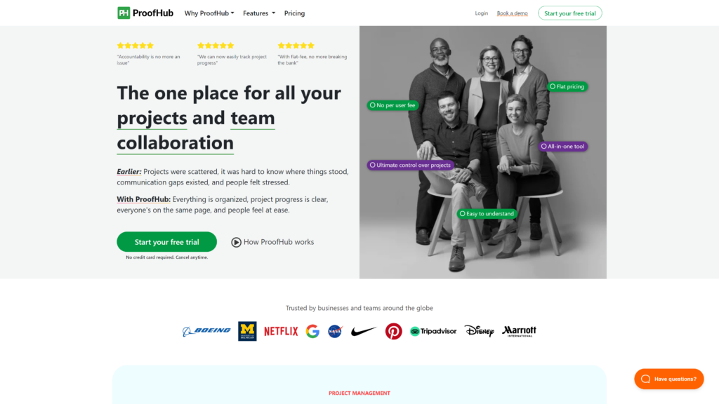 screenshot of the proofhub homepage