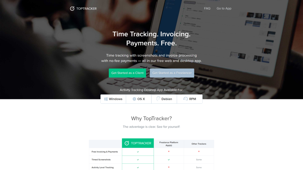 screenshot of the top Tracker Best Free Time Tracking app homepage