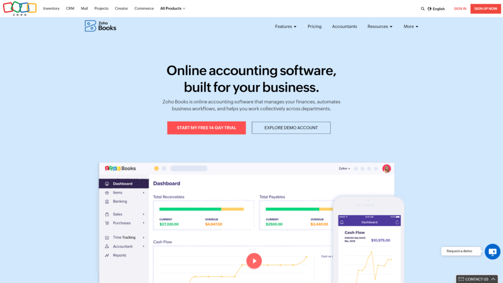 screenshot of the Zoho homepage