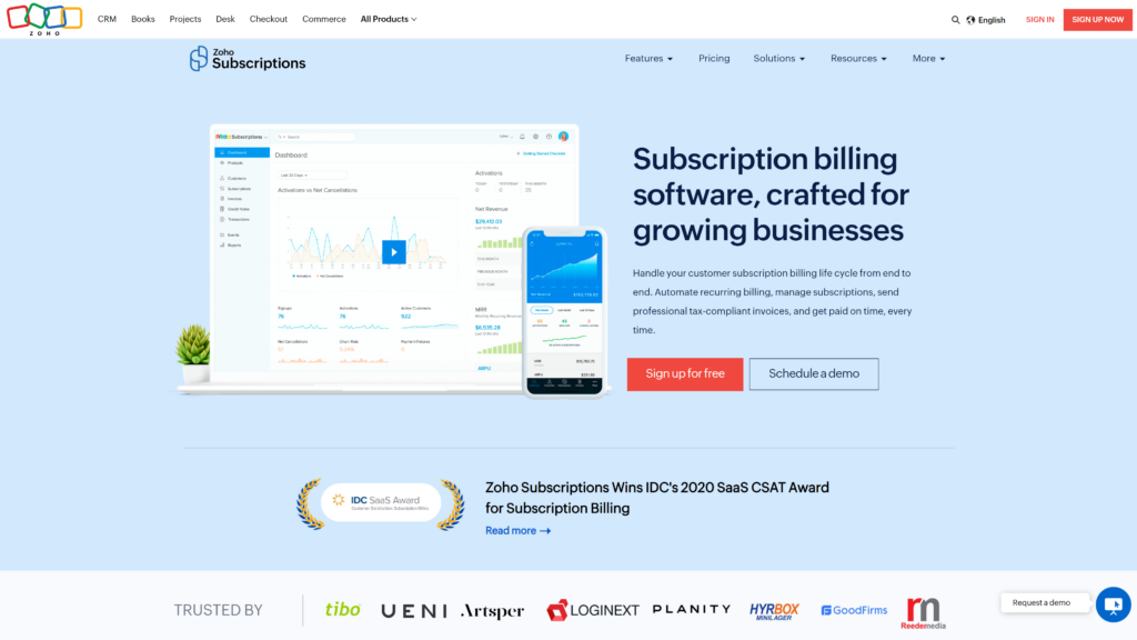 screenshot oft eh Zoho Subscription SaaS Billing Software homepage