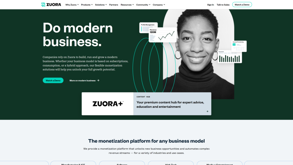 screenshot of the Zuora homepage