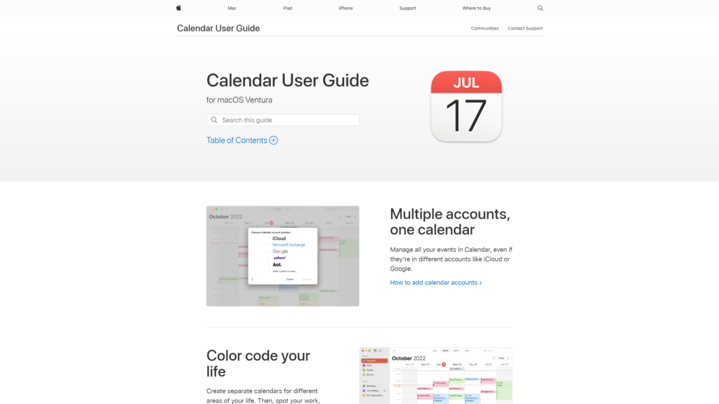 screenshot of the Apple Calendar for macOS homepage