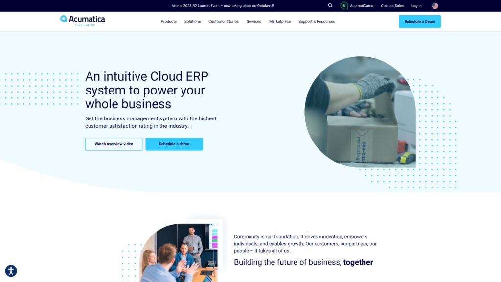 screenshot of the Acumatica cloud based erp for small business homepage