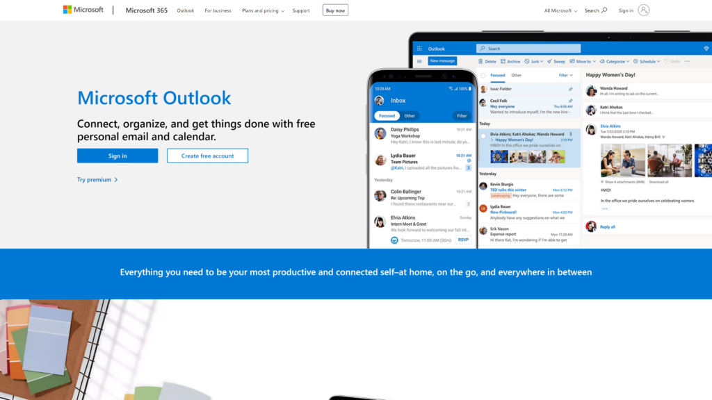 screenshot of the Microsoft Outlook homepage