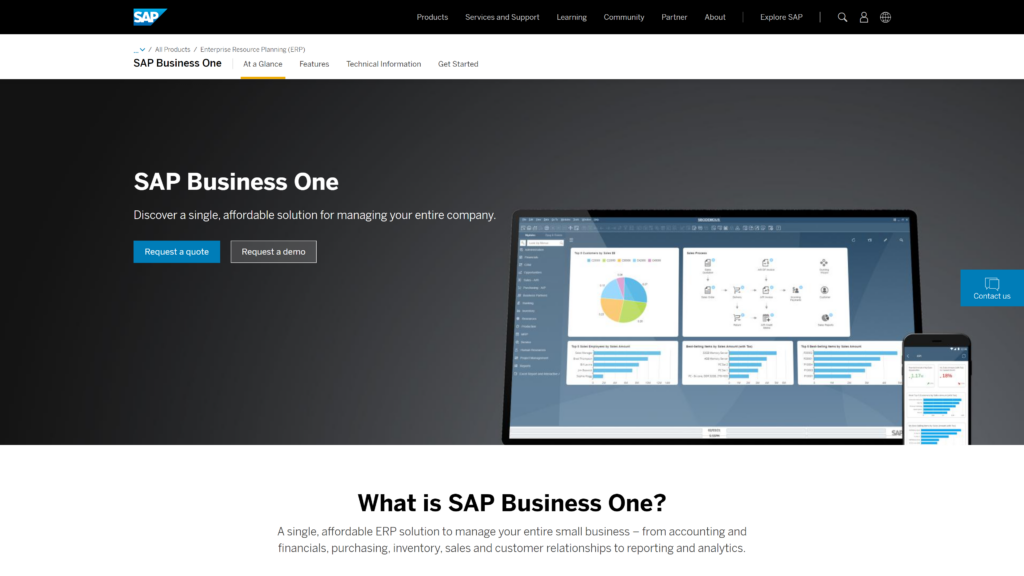 screenshot of the SAP Business One cloud based erp for small business homepage