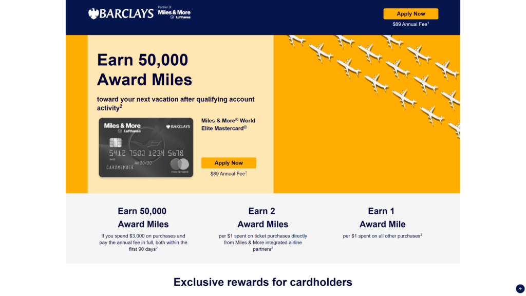 screenshot of the World Elite Card by Barclay’s Miles & More Offer homepage