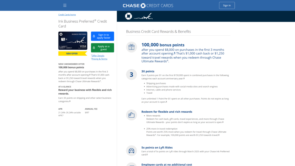 screenshot of the Preferred Card by Chase Ink Business homepage