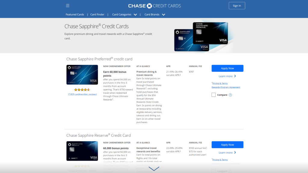 screenshot of the Reserve Credit Card by Chase Sapphire homepage