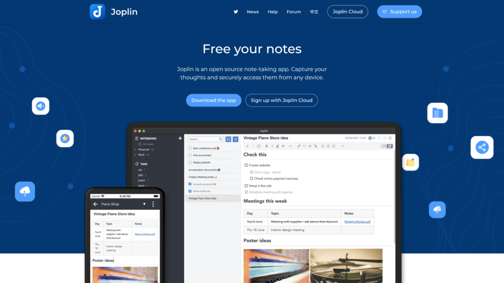 screenshot of the joplin best note taking app for mac homepage