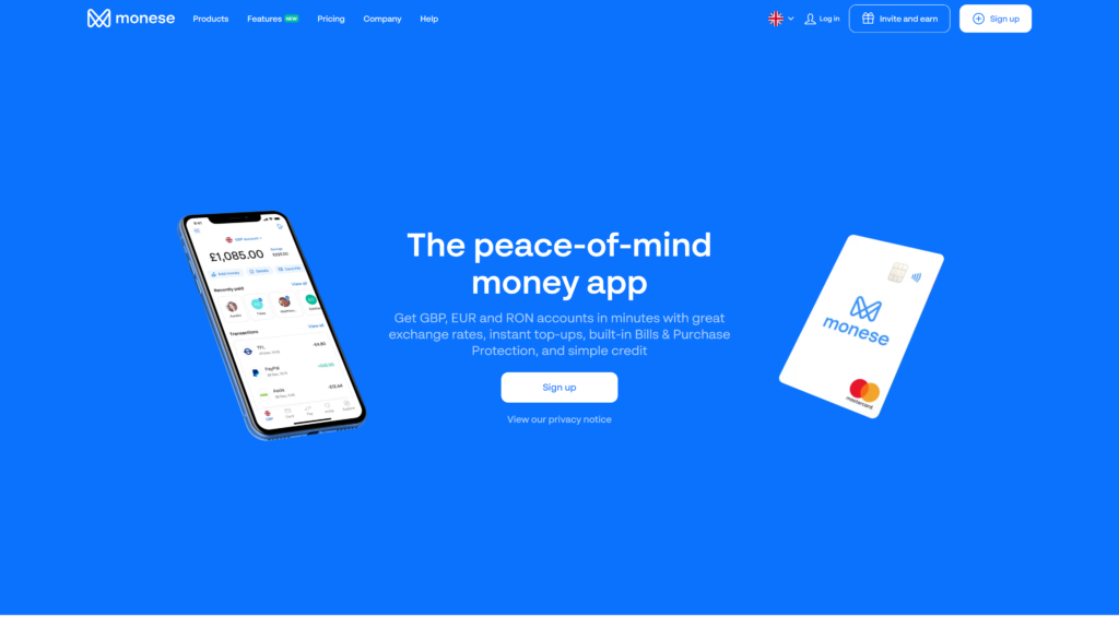 screenshot of the monese best bank for digital nomads homepage