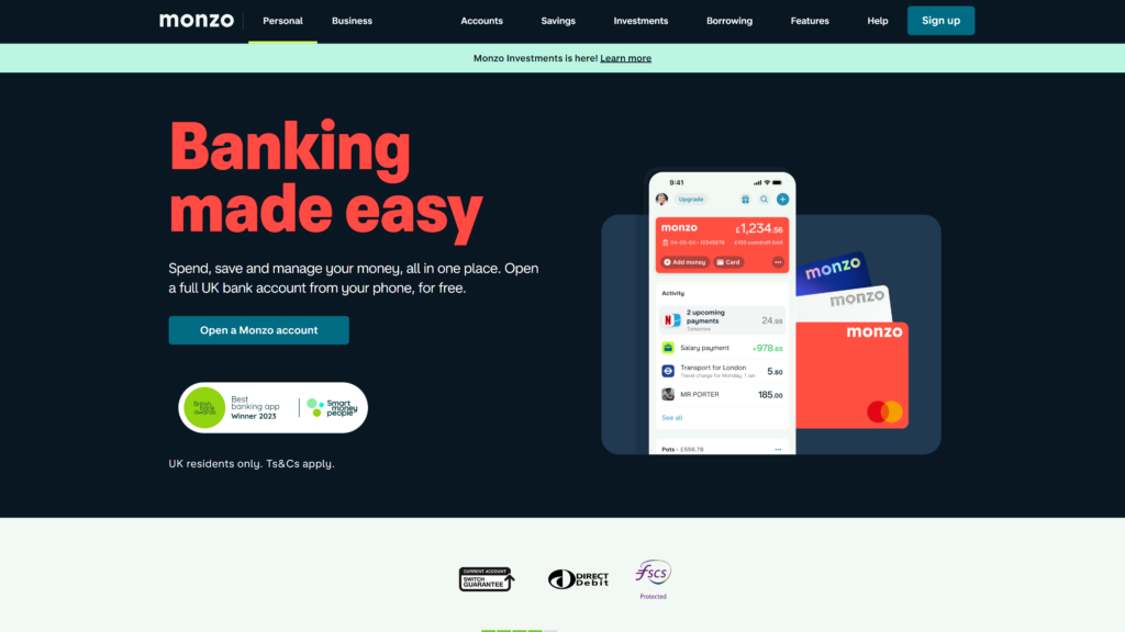 screenshot of the monzo homepage