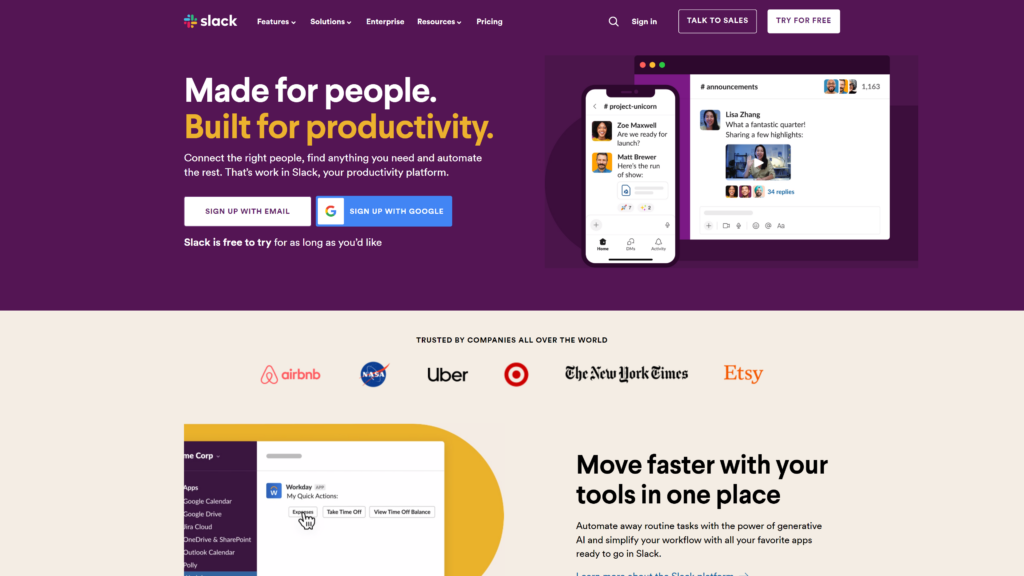 screenshot of slack best remote collaboration tools homepage