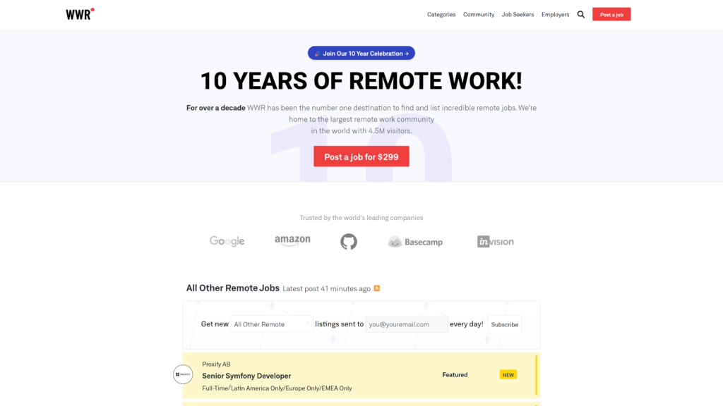 screenshot of the weworkremotely homepage