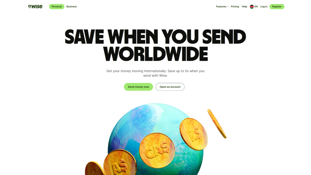 screenshot of the wise best bank for digital nomads homepage