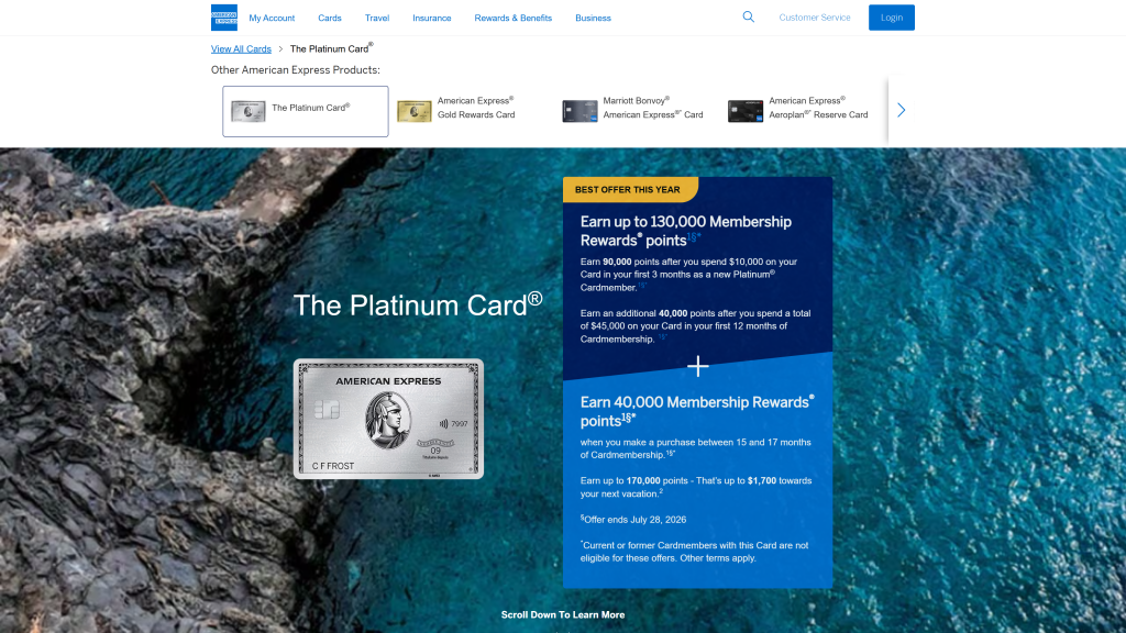 screenshot image of american express platinum card credit cards for digital nomads