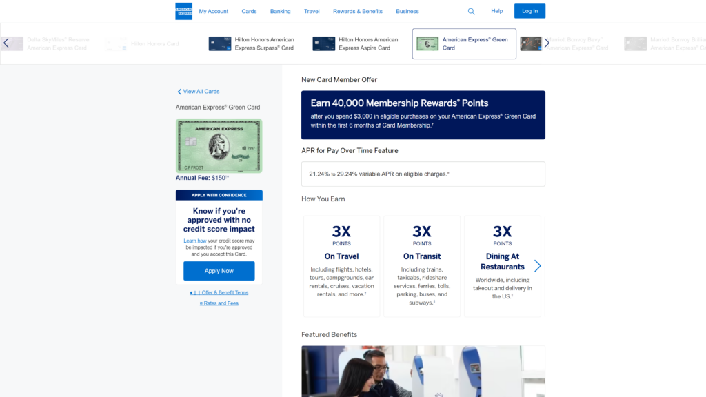 screenshot of the Green Card by American Express best credit card for digital nomads homepage