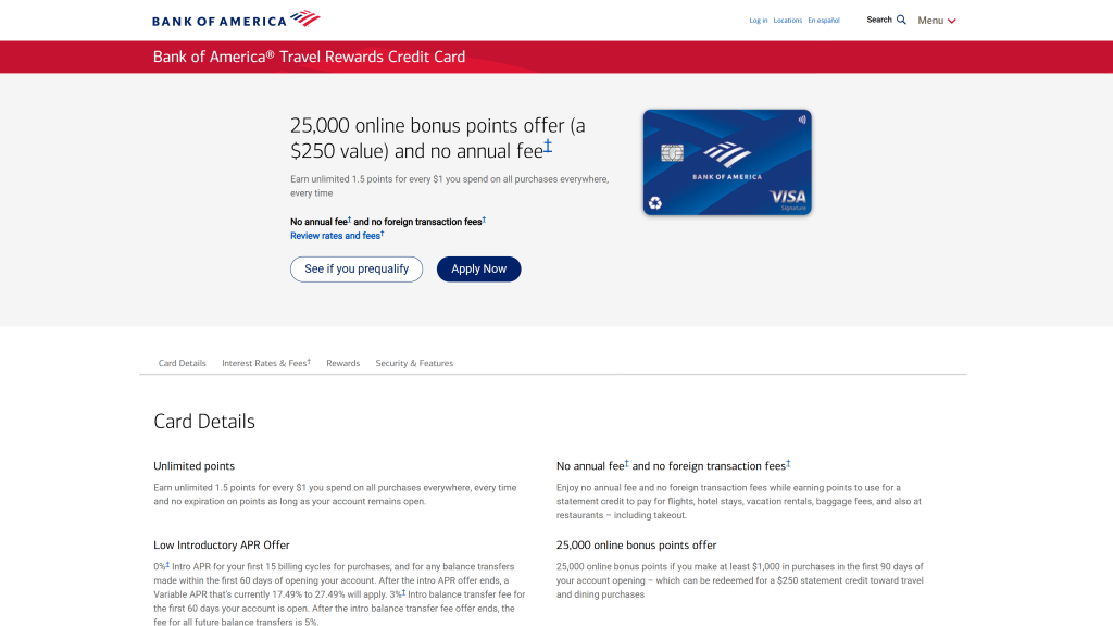 screenshot image of bank of america travel rewardcredit cards for digital nomads