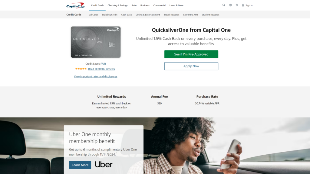 screenshot of the Quicksilver Credit Card by Capital One best credit card for digital nomads homepage