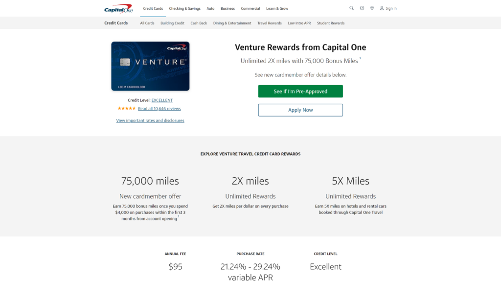 screenshot of the Venture Card by Capital One best credit card for digital nomads homepage