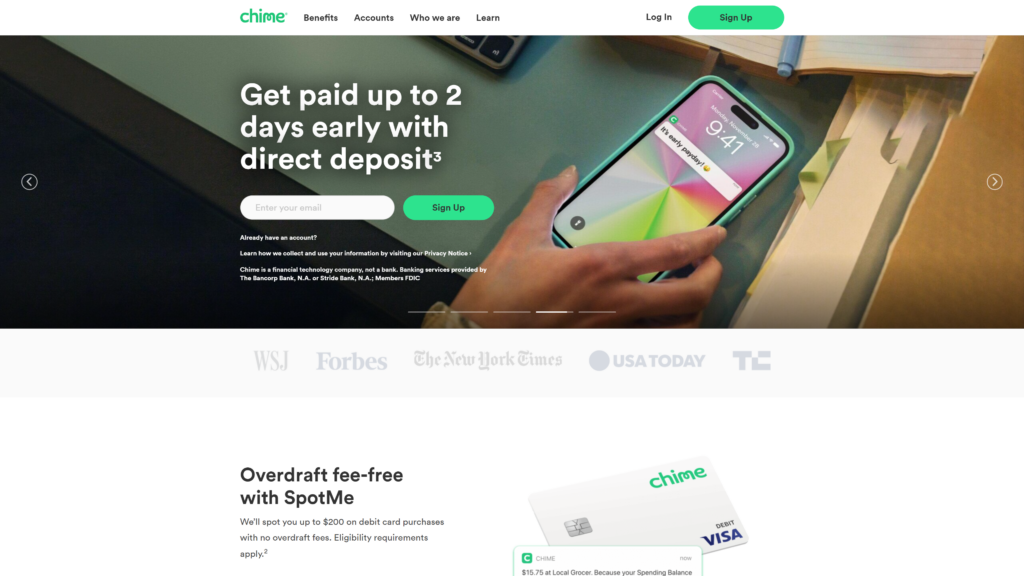 screenshot of the chime best bank for digital nomads homepage