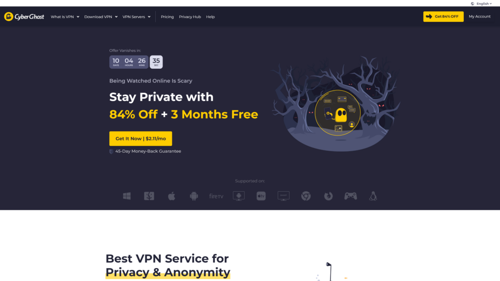 screenshot of the cyberghost vpn best vpn for digital nomads homepage