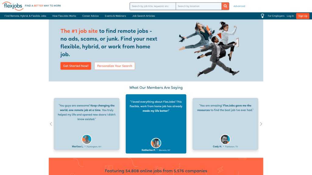 screenshot of flexjobs remote jobs homepage