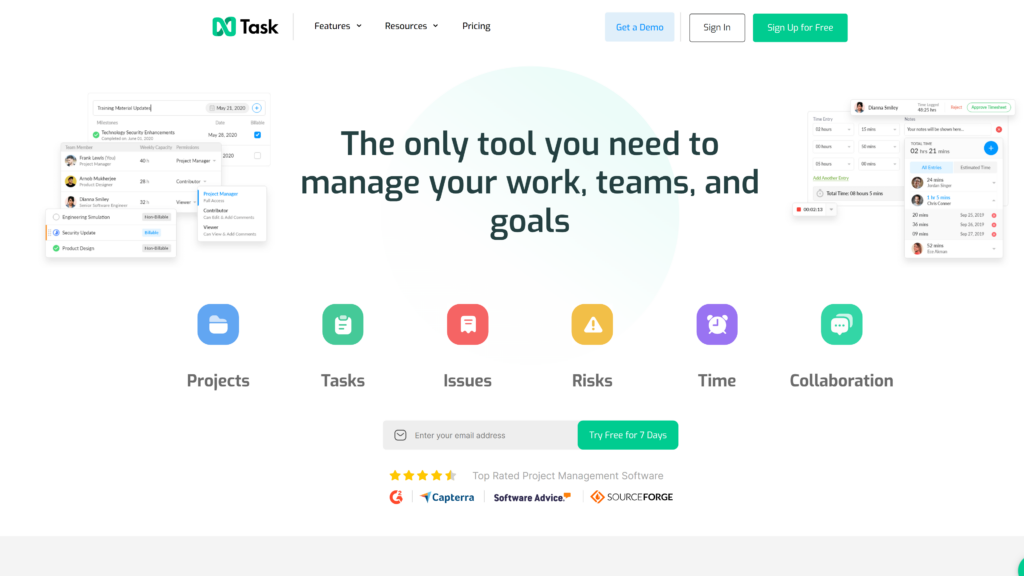 screenshot of the ntask homepage