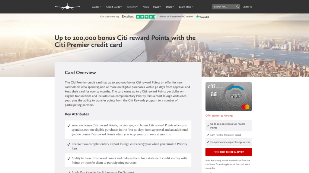 screenshot of the Credit Card by Citi Premier best credit card for digital nomads homepage