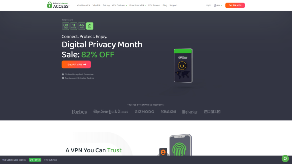 screenshot of the privateinternetaccess best free vpn for macos homepage