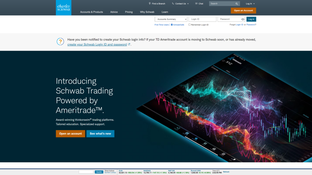 screenshot of the charles schwab homepage