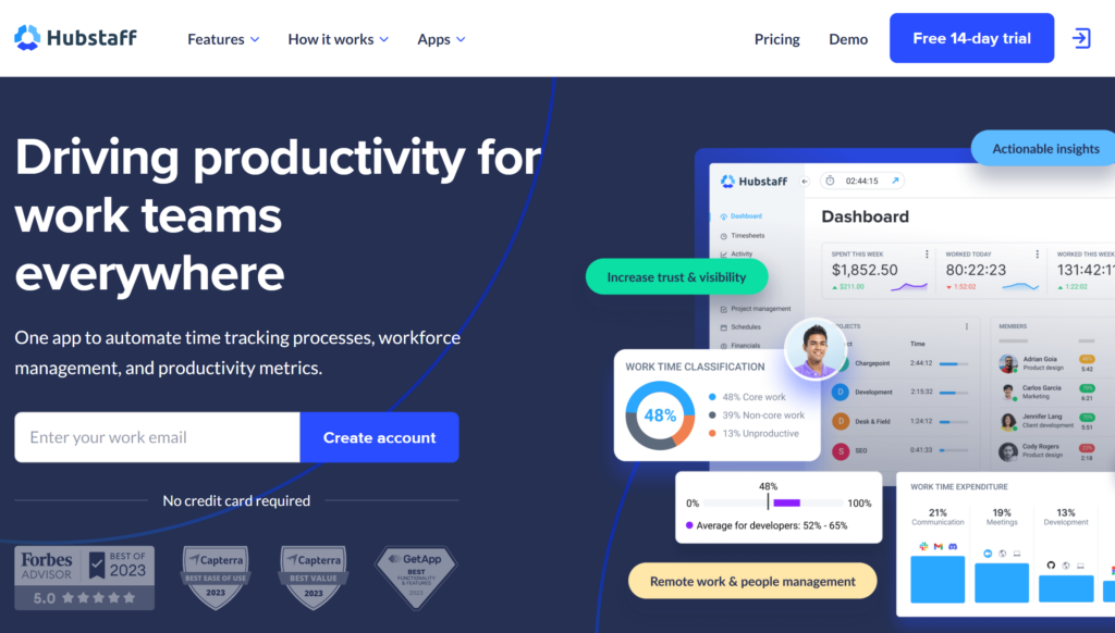 screenshot of the hubstaff best remote work tools homepage