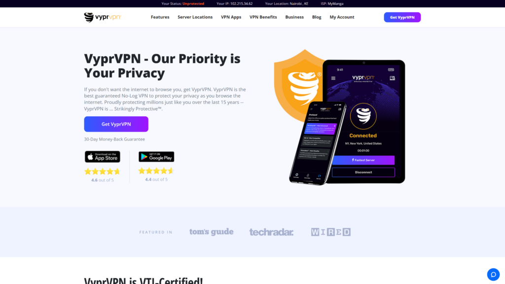 screenshot of the vypr vpn best vpn for digital nomads homepage